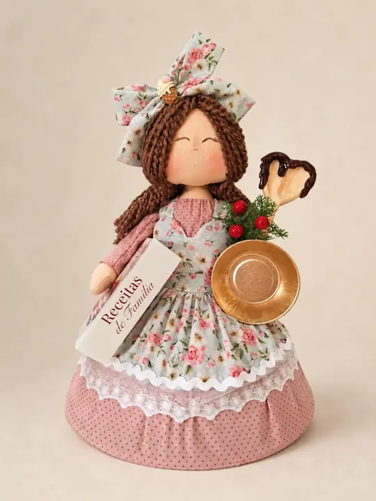 Boneca Cobre Bolo com avental floral e colher de pau