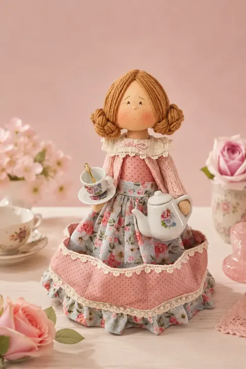 Boneca Porta Chá segurando bule e xícara de cerâmica