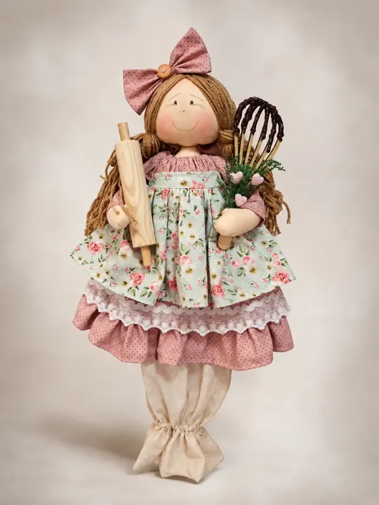 Boneca Puxa Saco com rolo de massa e saco de tecido